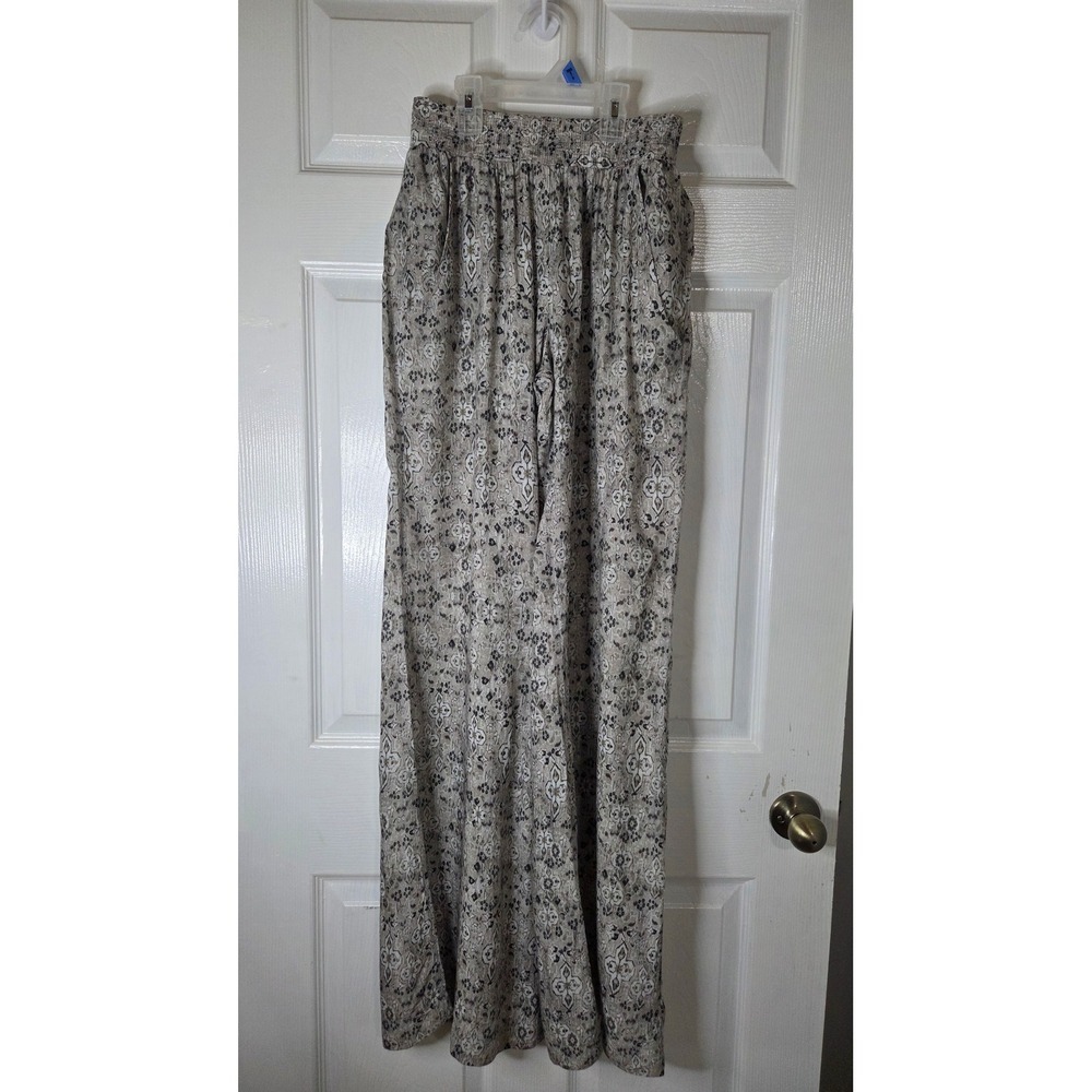 Drew Wide Leg Smocked Waist Paisley Medallion Pants Taupe Grey Small Made in USA